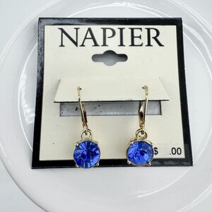 Vintage NAPIER Blue Rhinestone Drop Earrings Gold Tone Lever Back NEW Old Stock